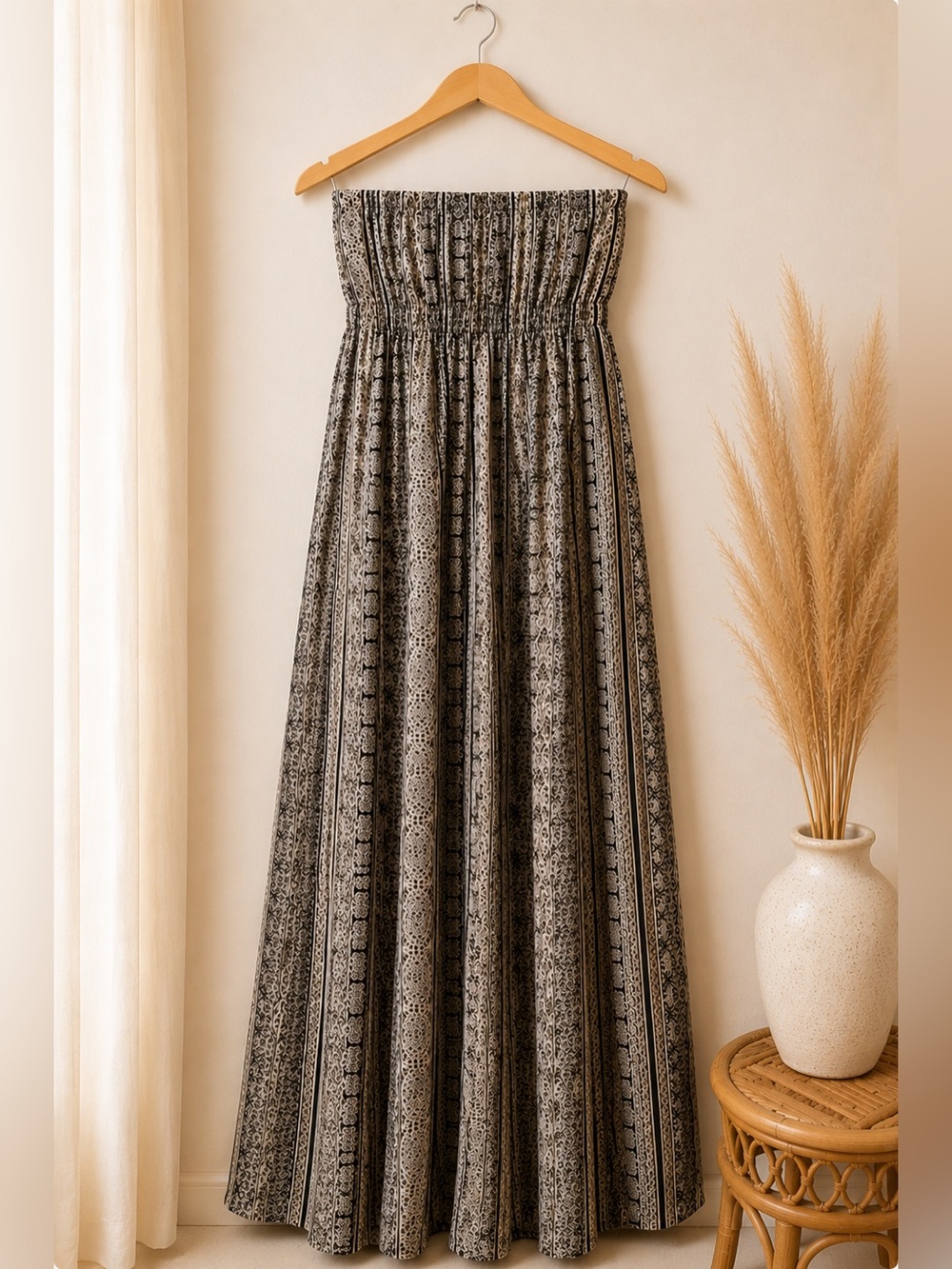 Italian Strapless Maxi Dress Petite Small Black Cream Boho Print